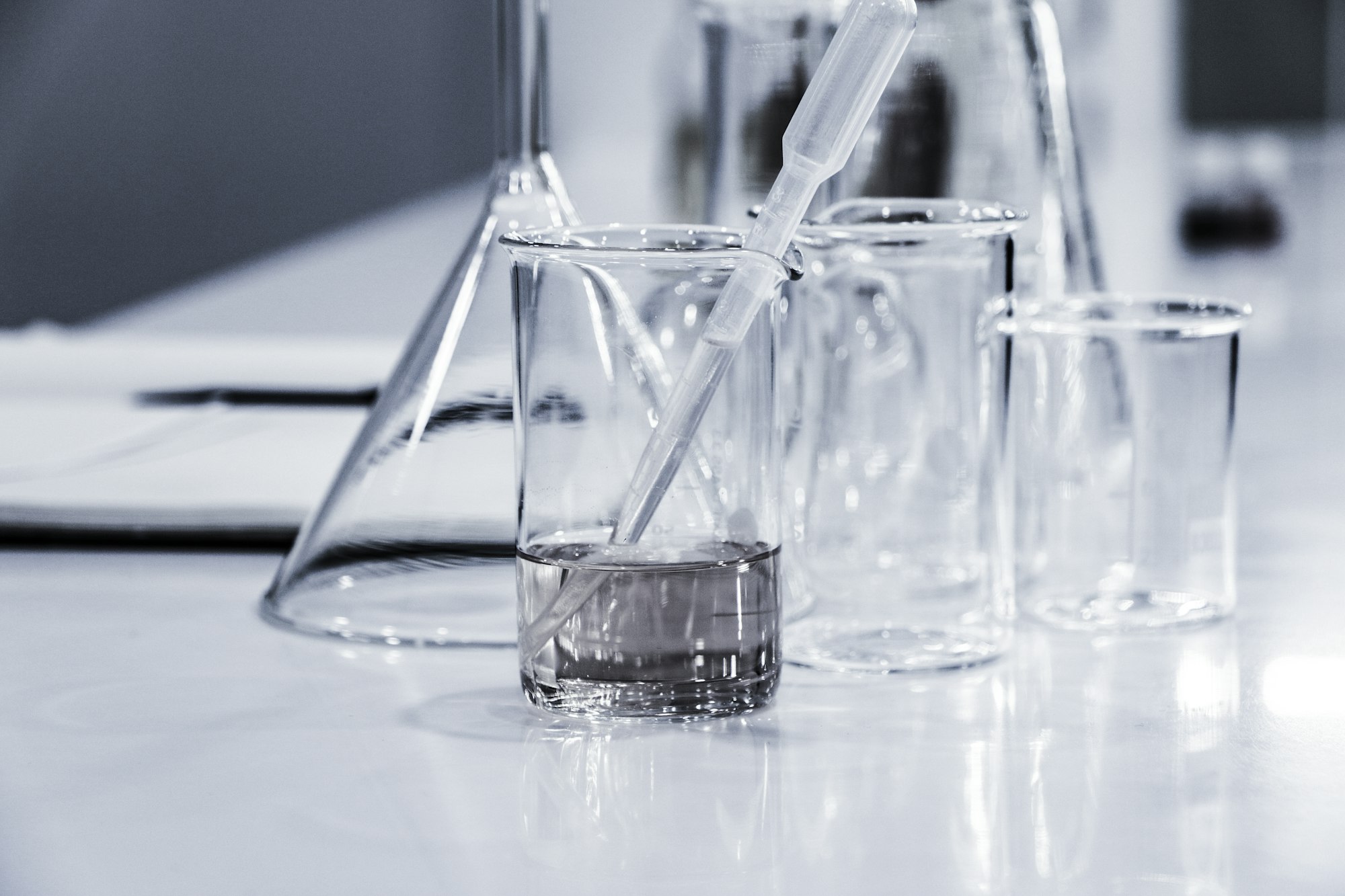 Laboratory glassware on a bench